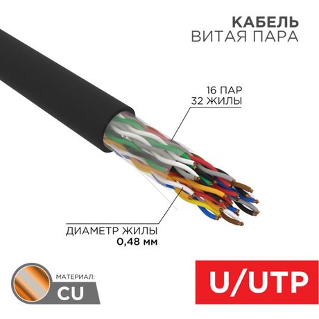 Кабель витая пара U/UTP кат.5 16х2х24AWG медь наружн. прокл. черн. (305м) (м) Rexant 01-1123 MEET