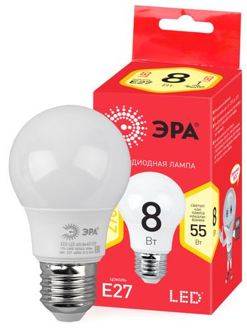 Лампа светодиодная ECO LED A55-8W-827-E27 Лампы СВЕТОДИОДНЫЕ ЭКО ЭРА (диод, груша, 8Вт, тепл, E27) | Б0032095