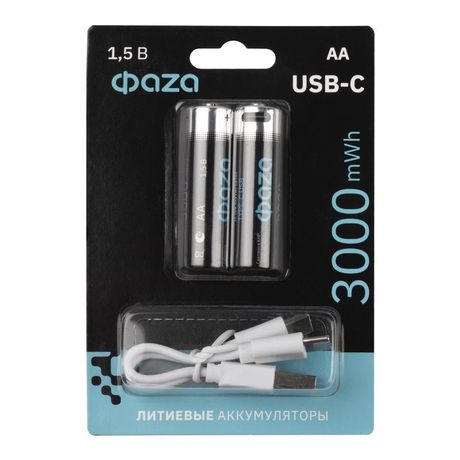Аккумулятор литиевый AA 1.5В Li-Ion 3000мВт.ч 2000мА.ч зарядка от Type-C шнур в комплекте BL-2 (уп.2шт) ФАZА 5061576 ФАЗА