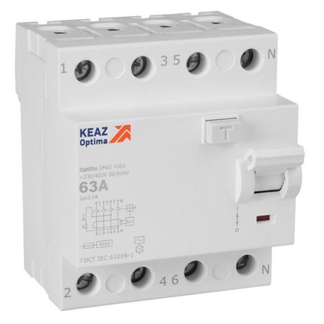 Выключатель дифференциального тока (УЗО) без защиты от сверхтоков 4П 63А 100мА AС 4,5кА OptiDin DM63-4363-AC-4,5-УХЛ4 - 343899 КЭАЗ