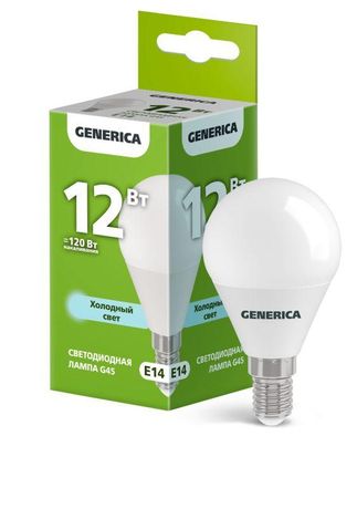Лампа светодиодная G45 шар 12Вт 230В 6500К E14 GENERICA - LL-G45-12-230-65-E14-G IEK