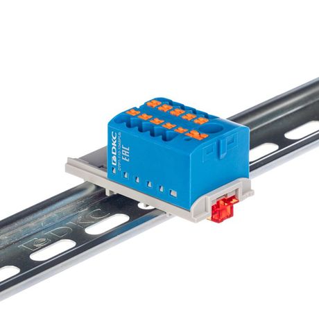 Блок распределительный с верт. адаптером на рейки шириной 15/35мм, зажим push-in, 1 ввод 6 кв.мм, 10 точек подключения 2,5 синий - DTP1-110-104SPUB-V ДКС