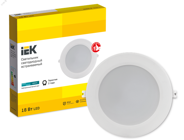 Светильник декоративный светодиодный LED встраиваемый ДВО 1716 белый круг 18Вт 4000К IP40 - LDVO0-1716-18-4000-K01 IEK