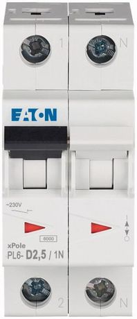Автоматический выключатель 2,5А, кривая отключения D, 1+N полюс, отключающая способность 6 кА PL6-D2,5/1N - 164942 EATON