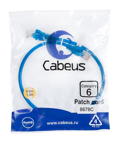 Патч-корд PC-UTP-RJ45-Cat.6-0.5m-BL U/UTP, категория 6, 2xRJ45/8p8c, неэкранированный, синий, PVC, 0.5м - 8676c Cabeus