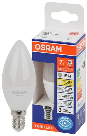 Лампа светодиодная свеча LED 7Вт Е14 2700К 600Лм 170-250В (замена 60Вт) OSRAM - 4099854186240 LEDVANCE арт. 4099854186240*