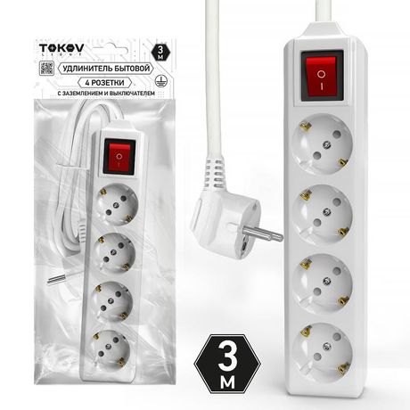 Удлинитель 4х3м с заземл. выкл. 10А 3х1.5 TOKOV LIGHT TKL-C01-BU4-3-1.5-ZV