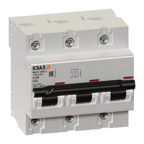 Выключатель автоматический трехполюсный ВА47-100 100А D 10кА (ВА47-100-3D100-УХЛ3) | 141632 КЭАЗ