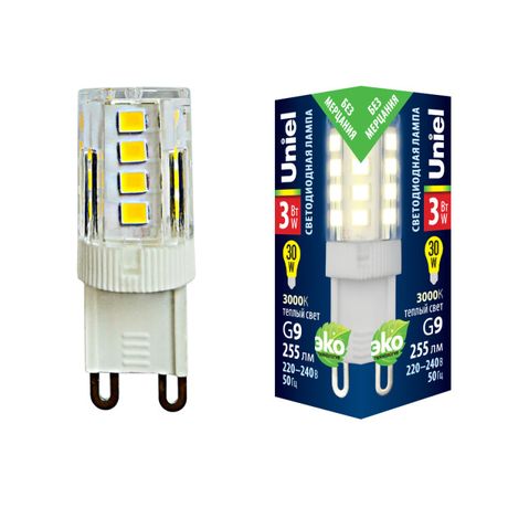 Лампа светодиодная прозрачная Теплый белый свет (3000К) LED-JCD-3W/3000K/G9/CL GLZ09TR - UL-00006746 Uniel