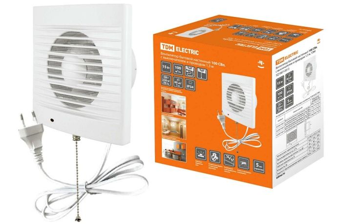 Вентилятор бытовой настенный 100 СВп, с выключателем и проводом 1,3 м, | SQ1807-0013 TDM