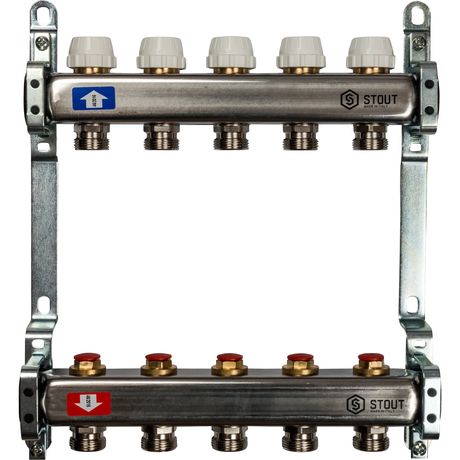 Блок коллекторный с ручными регулировочными клапанами 1' х 5 выходов 3/4' НР евроконус - SMS 0922 000005 STOUT RG008P0S9PJ2G8
