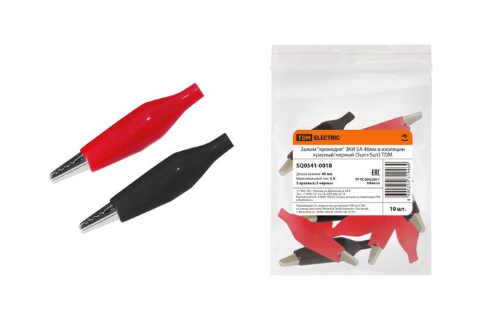 Зажим "крокодил" ЗКИ 5А 46мм в изоляции красный/черный (5шт+5шт) | SQ0541-0018 TDM