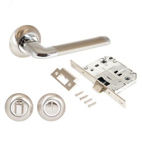 Комплект ручек и защелка АЛЛЮР АРТ ПОЛО SN/CP+L7050S SN+BK-R1 SN (1582/S7050) мат.никель/хром с фикс - 14663 ПТК