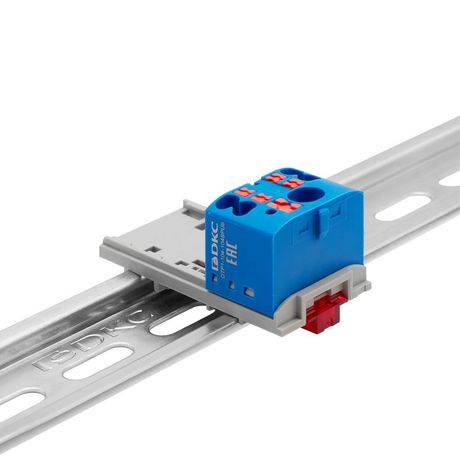 Блок распределительный с верт. адаптером на рейки шириной 15/35мм, зажим push-in, 1 ввод 6 кв.мм, 4 точки подключения 2,5 синий - DTP1-104-104SPUB-V ДКС