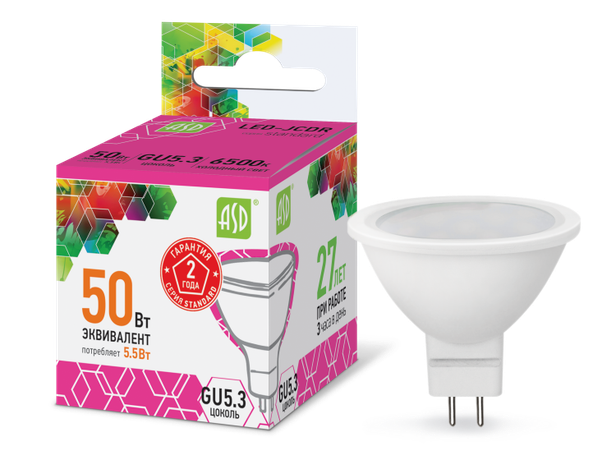 Лампа светодиодная LED-JCDR-standard 5.5Вт 230В GU5.3 6500К 495Лм | 4690612012261 ASD