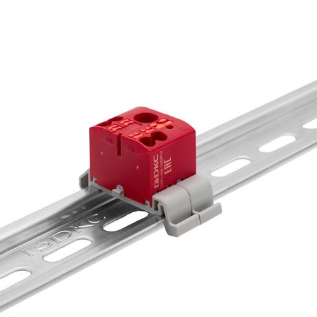 Блок распределительный с гориз. адаптером на рейку шириной 35мм, зажим push-in, 1 ввод 6 кв.мм, 4 точки подключения 2,5 красный - DTP1-104-104SPUR-H ДКС