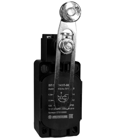 Выключатель путевой ВП 36-2143П-66 У2 1НО+1НЗ 3А IP66 рычаг со стальным роликом регулир. по длине безинерционный 30х60мм без сальника Электротехник ET010889