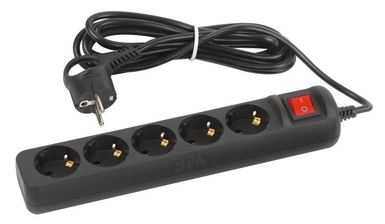 Удлинитель электрический UX-5es-1,5m-B с заземлением выключателем 5 розеток 1,5м ПВС 3x0,75мм2 черный | Б0057730 ЭРА