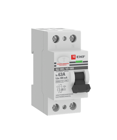 Выключатель дифференциального тока (УЗО) 2п 63А 300мА тип АС 6кА ВД-100 (S) электромеханич. PROxima EKF elcb-2-6-63-300S-em-pro