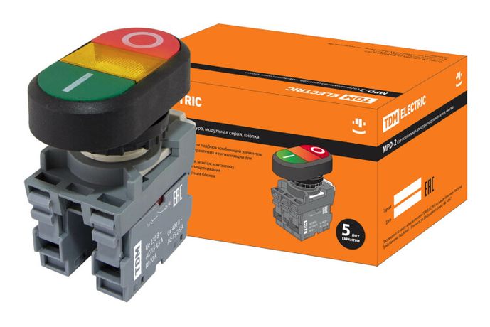 Кнопка двойная MPD2-11Y (зеленая/красная) (LED) в сборе d22мм/220В (I/O) линза желтая | SQ0747-0048 TDM
