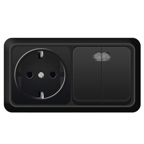 Блок UNIVersal серия Олимп, о/у, выключатель двухклавишный с подсветкой 10А + розетка с/з 16A, 220В, горизонтальный черный - 7946812 Союз