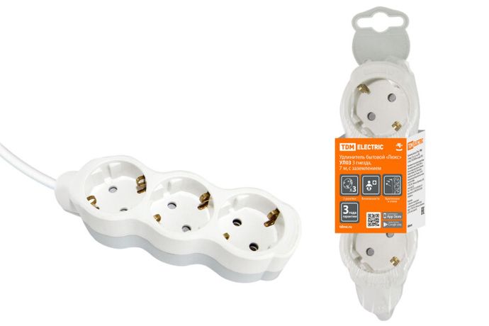 Удлинитель бытовой "Люкс" УЛ03 3 гнезда, 7м, с/з, с з/ш, ПВС 3х1мм2 16А/250В бело-серый | SQ1303-0281 TDM