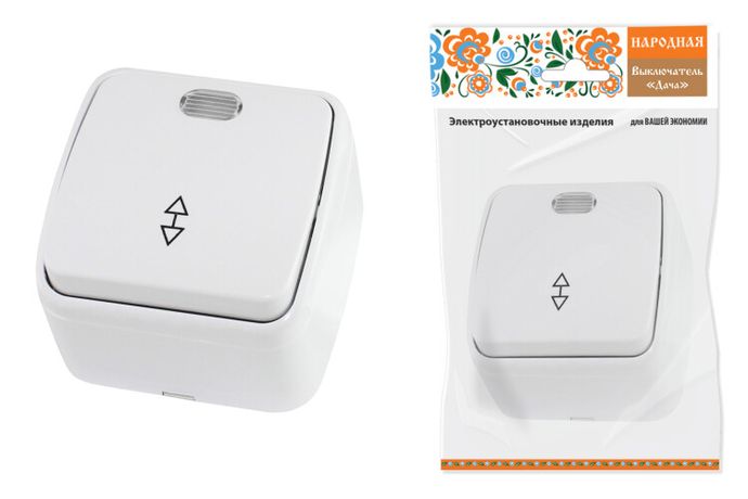 Переключатель на 2 направления 1-кл. открытой установки с подсветкой IP20 10А, белый "Дача" Народная | SQ1824-0006 TDM