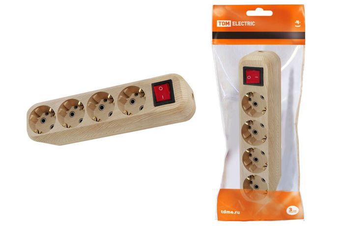 Колодка розеточная 4 гнезда 2П+3 с выключателем16А 250В "Эко" (сосна) | SQ1806-0052 TDM