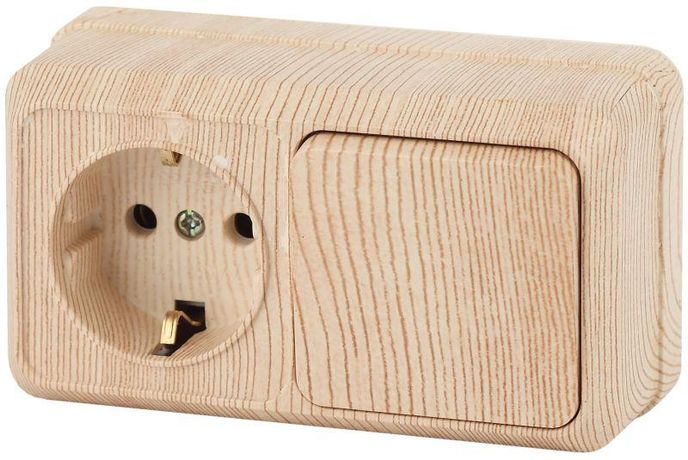 Блок розетка с выключателем Intro Quadro 2-701-11 одноклавишным горизонтальный 10(16)А-250В, IP20, ОУ, сосна | Б0053871 ЭРА