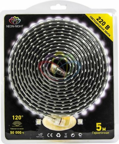 Лента светодиодная влагозащищенная 220В 60 SMD5050/метр белый (блистер 5м) - 142-105-05 NEON-NIGHT
