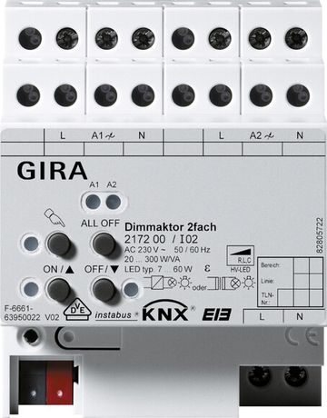 Светорегулятор универсальный 2-канальный 20-300 ВА DIN-рейка Gira KNX 217200