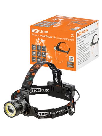 Фонарь «Налобный 12» аккум., 5 Вт CREE+3 COB, Li-Ion 3,7 В 2x18650 2,4 А*ч, 650 лм, USB | SQ0350-0069 TDM