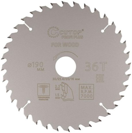 Диск пильный по дереву с тефлоновым покрытием 36Т, CUTOP Profi plus, 190 х 1,5/2,2 30/25,4/20/16 мм - 75-19036Т РОС