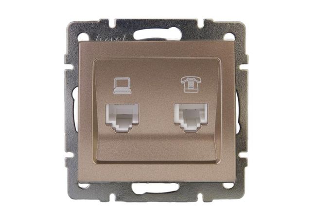 Механизм розетки компьютерной + телефонной 2-м Rain RJ45 RJ11 матов. бронз. LEZARD 703-3188-143