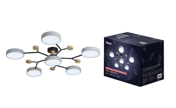 Люстра светодиодная SCANDIA 84Вт 800х800х170мм 30кв.м потолочная ДУ 3 режима диммир. сер./черн./дерево Ritter 52079 5 REV