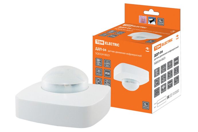 Датчик движения потолочный ДДП-04 2000Вт, 10-1800с, 4х20м , 3+лк, 120(сбоку)+360(сверху)гр, IP20, - SQ0324-0023 TDM