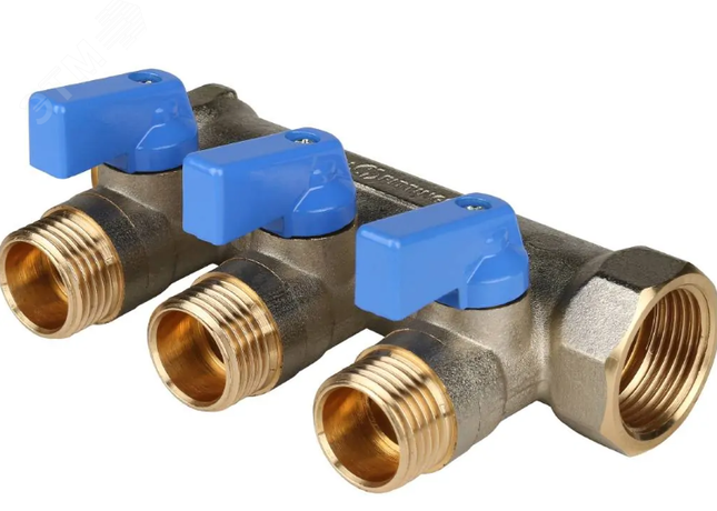 Коллектор с шаровыми кранами 3/4', 3 отвода 1/2' (синие ручки) - SMB 6211 341203 STOUT RG0091AACQML3R