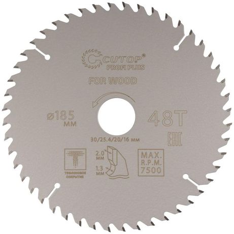 Диск пильный по дереву с тефлоновым покрытием 48Т, CUTOP Profi plus, 185 х 1,3/2,0 30/25,4/20/16 мм - 75-18548Т РОС