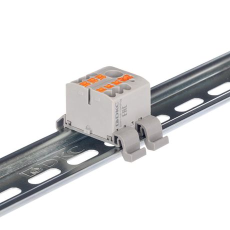 Блок распределительный с гориз. адаптером на рейку шириной 35мм, зажим push-in, 1 ввод 6 кв.мм, 4 точки подключения 2,5 серый - DTP1-104-104SPUG-H ДКС