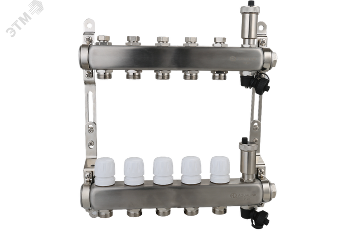 Коллекторная группа с настроечными и регулировочными клапанами, автоматическими воздухоотводчиками дренажными клапанами нержавеющей стали 1' 5 х 3/4' - 02803 AQUALINK