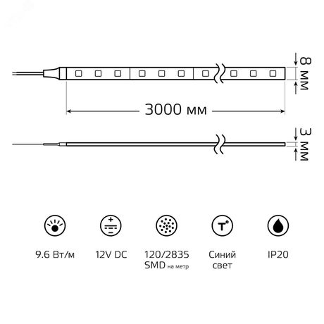 Лента светодиодная LED 9,6 Вт/м 624 Лм/м 2835-SMD 120 шт/м 12 В DC синий IP20 блистер (3 м ) Basic Gauss - BT067