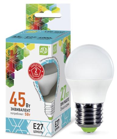 Лампа светодиодная LED-Шар-standard 5Вт шар 4000К нейтр. бел. E27 450лм 160-260В ASD 4690612002187