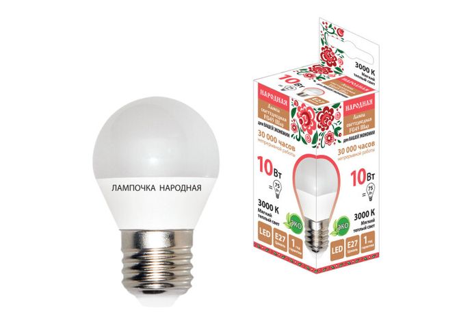 Лампа светодиодная FG45-10 Вт-230 В-3000 К–E27 Народная | SQ0340-1605 TDM