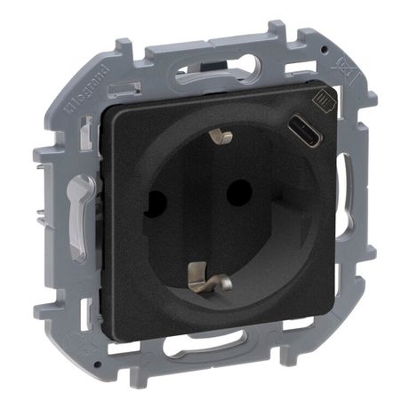 Розетка 1-м СП Inspiria 16А IP20 250В 2P+E немецк. стандарт с заряд. устройством USB тип C 1.5А 5В механизм антрацит IEK 673773 Legrand