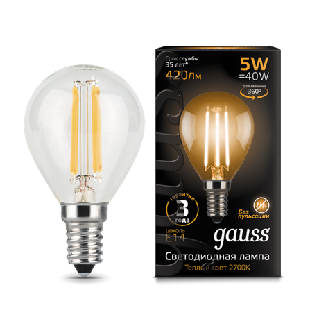 Лампа светодиодная филаментная LED 5 Вт 420 лм 2700К AC185-265В E14 шар P45 теплая Black Filament Gauss - 105801105