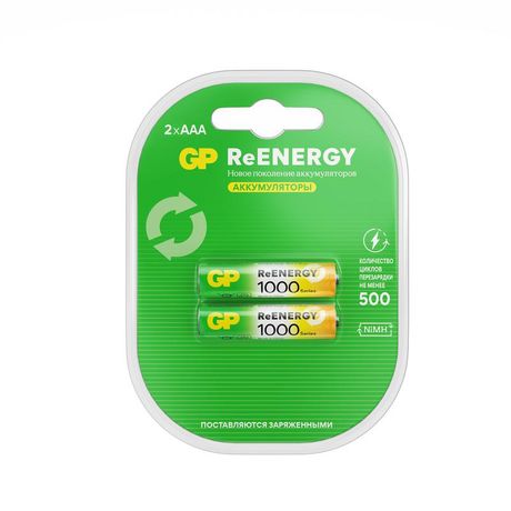 Аккумуляторы перезаряжаемые GP ReEnergy 100AAAHC AAA, емкость 930 мАч - 2 шт. в клемшеле 20271