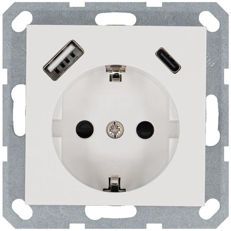 Розетка Shuko 16А с заземл. защ. шторки 2-мя заряд. устройствами USB тип A+C 25Вт механизм бел. глянцевый Jasmart G5501USB-25W