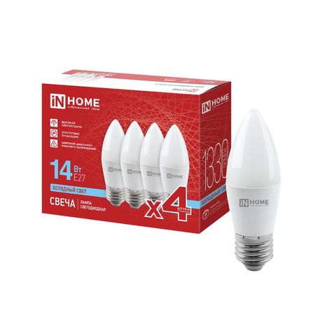 Лампа светодиодная LED-СВЕЧА-VC 4PACK 14Вт свеча 6500К E27 1330лм 230В (уп.4шт) IN HOME 4690612066738 IN HOME арт. 4690612066738