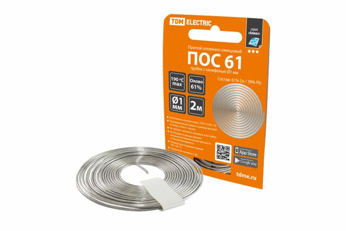 Припой ПОС 61, трубка с канифолью, ГОСТ 21931-76, 1 мм, 2 м, спираль, серия "Алмаз" | SQ1025-0301 TDM