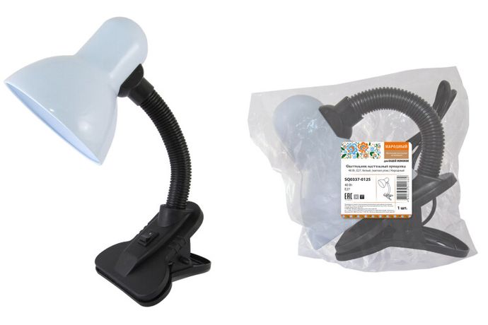 Светильник настольный прищепка 40Вт, E27, белый, (мягкая упак.) Народный | SQ0337-0125 TDM